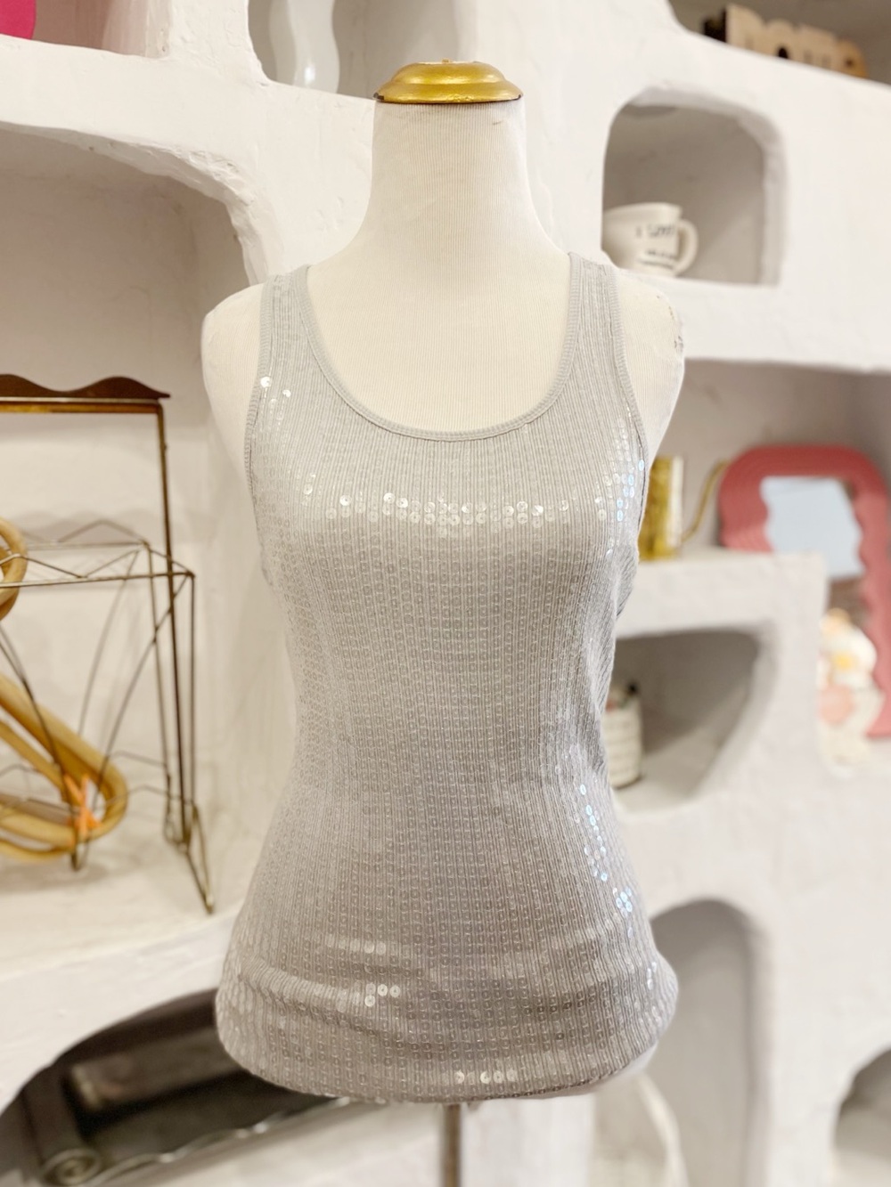 Y2K Ombré Grey Sequinned Cotton Tank Top with Clear Sequin Embellishments